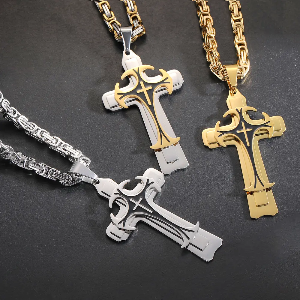 Gothic Flaming Layered Cross Pendant Necklace, 3 Tone Stainless Steel Biker Statement Jewelry with King Chain