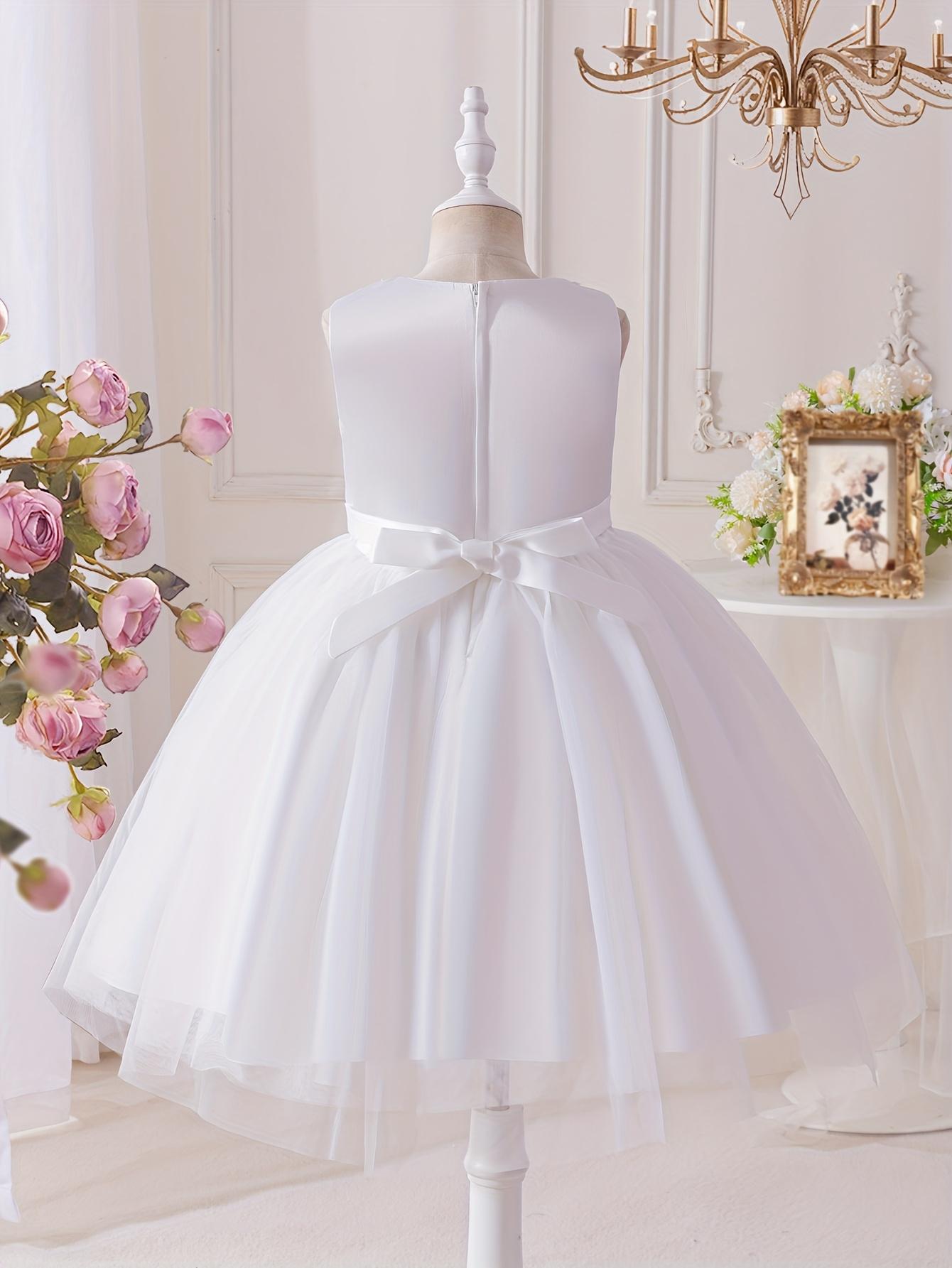 Girls Princess Dress Lace Mesh Flower Girl Wedding Stage Runway Sleeveless Midi Crew Neck Embroidered Tie Back Flared Hem All Season Non Stretch Formal Dresses