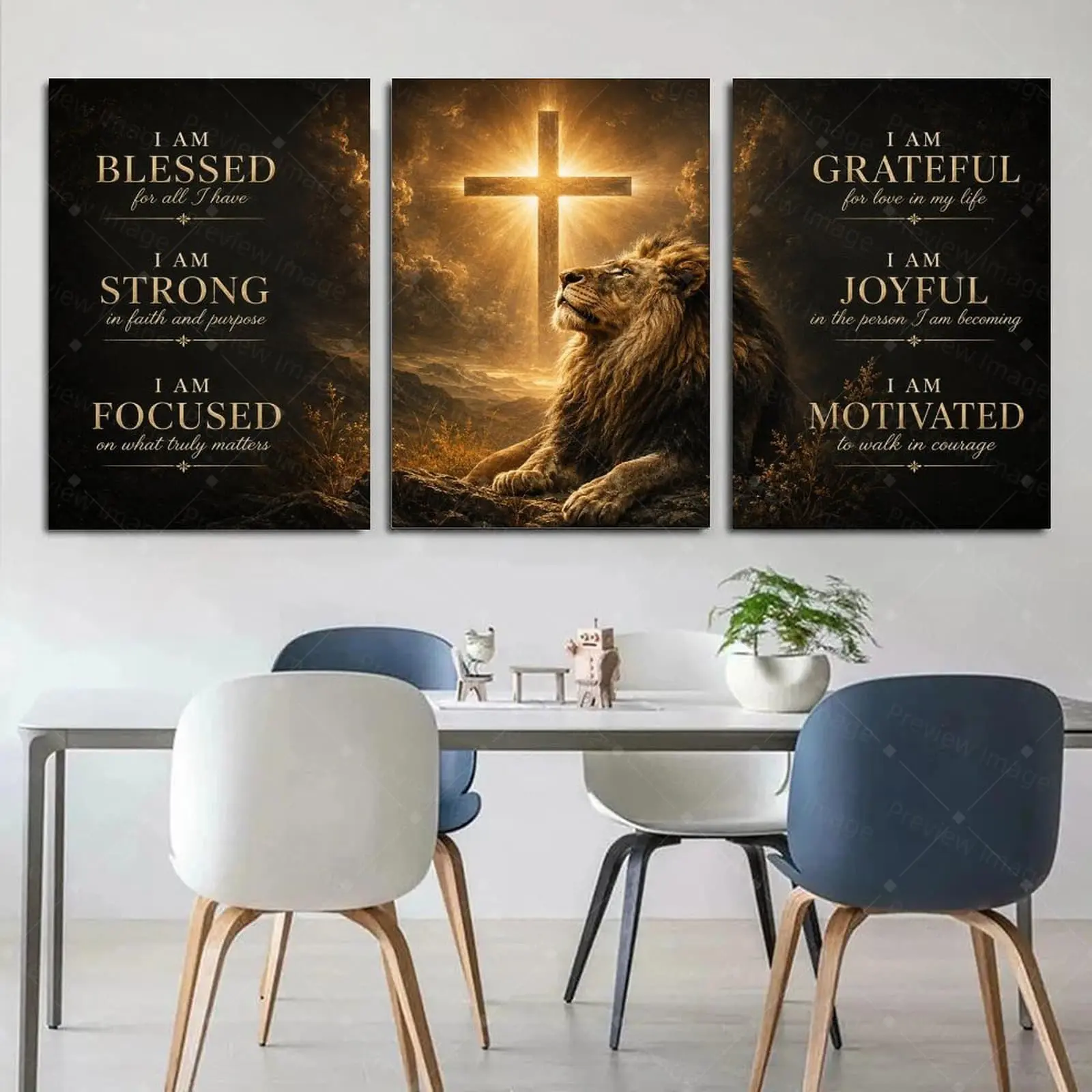 3 Piece Framed Lion of Judah Christian Canvas Wall Art, Motivational Affirmation Cross Poster, Black & Gold Religious Aesthetic Decor for Living Room Bedroom, Faith Inspirational Gift,wall decor,poster.