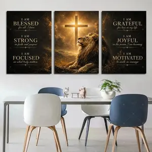 3 Piece Framed Lion of Judah Christian Canvas Wall Art, Motivational Affirmation Cross Poster, Black & Gold Religious Aesthetic Decor for Living Room Bedroom, Faith Inspirational Gift,wall decor,poster.