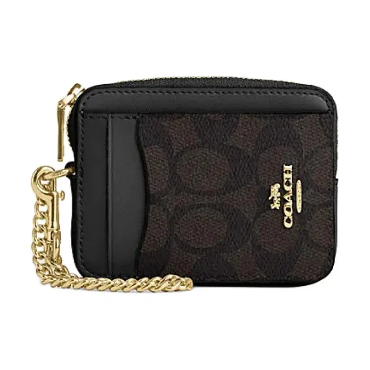 COACH Card Case for Women – Walnut and Black Vegan Leather with Metal Zip Closure