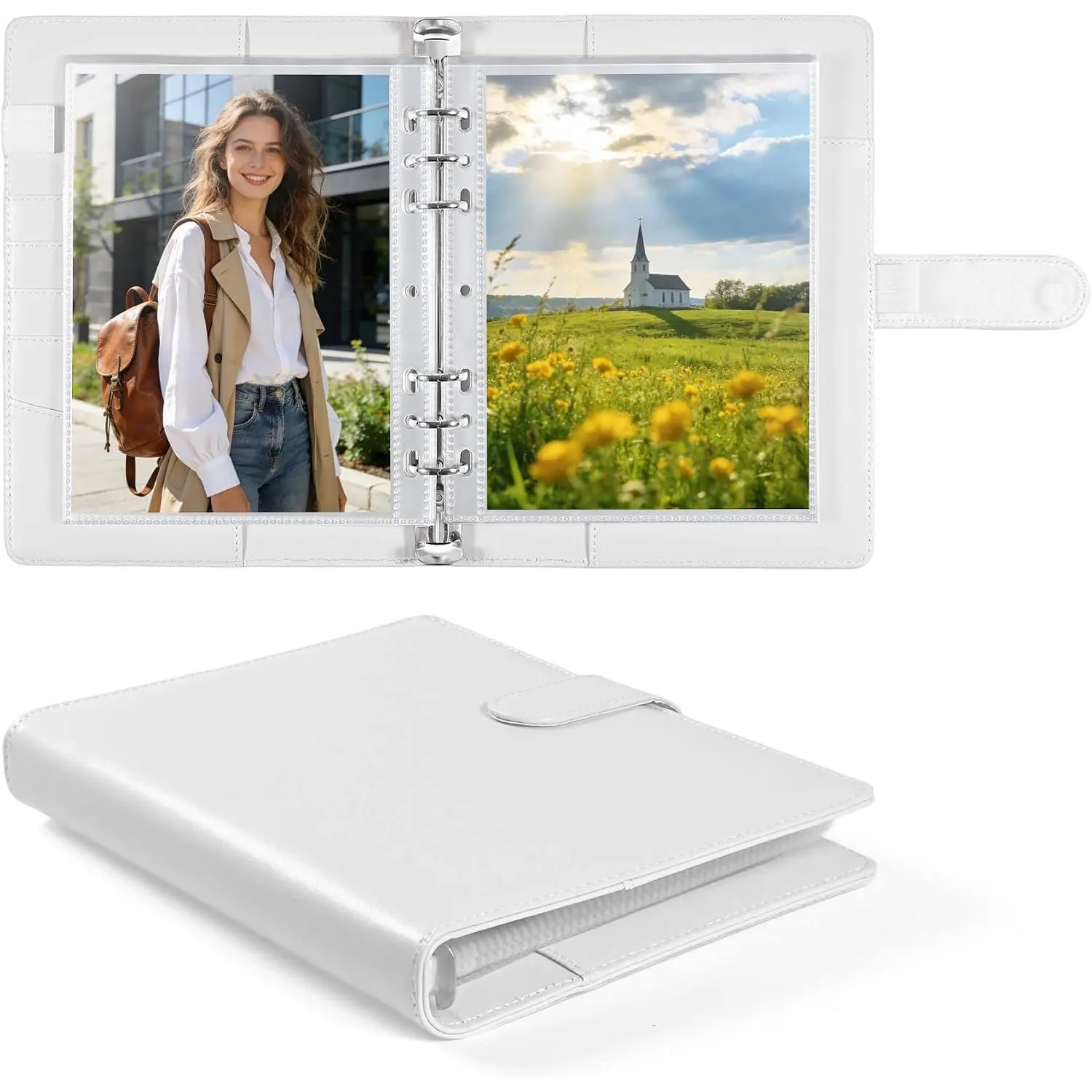 A5 PU Leather Photo Album with 60 Pockets, 5x7 Top Loading Double-Sided Sleeves, Adjustable 6 Ring Binder for Photos, Scrapbook & Keepsakes, White