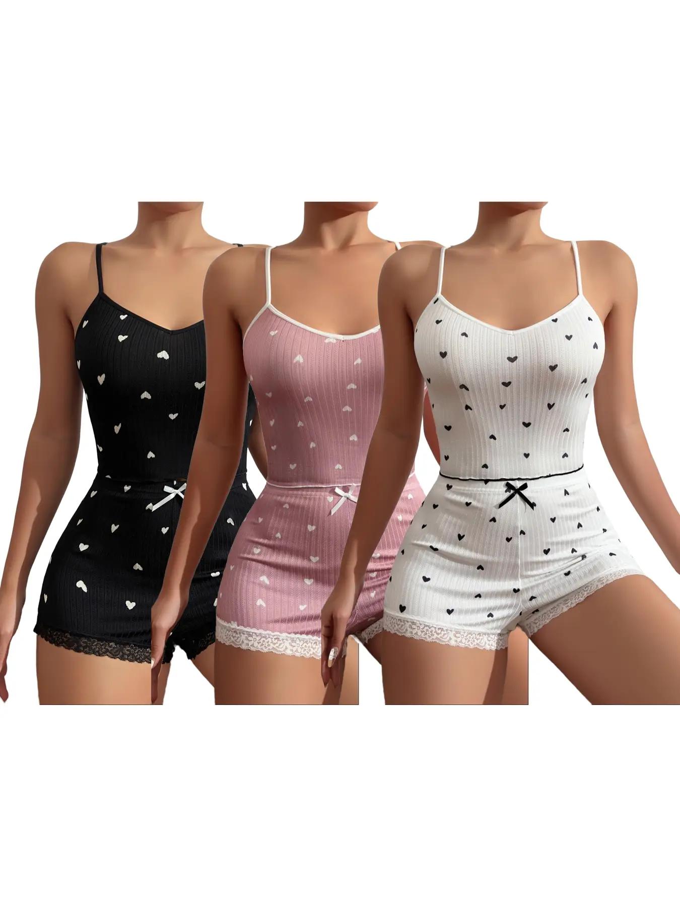Women's All Over Heart Print Sheer Cami Top & Bow Front Contrast Lace Shorts Pyjama Set, Lounge Set, Cute Comfy Spaghetti Strap Sleeveless Top & Shorts Pj Lounge Co-ord Set, Summer Outfits 2024