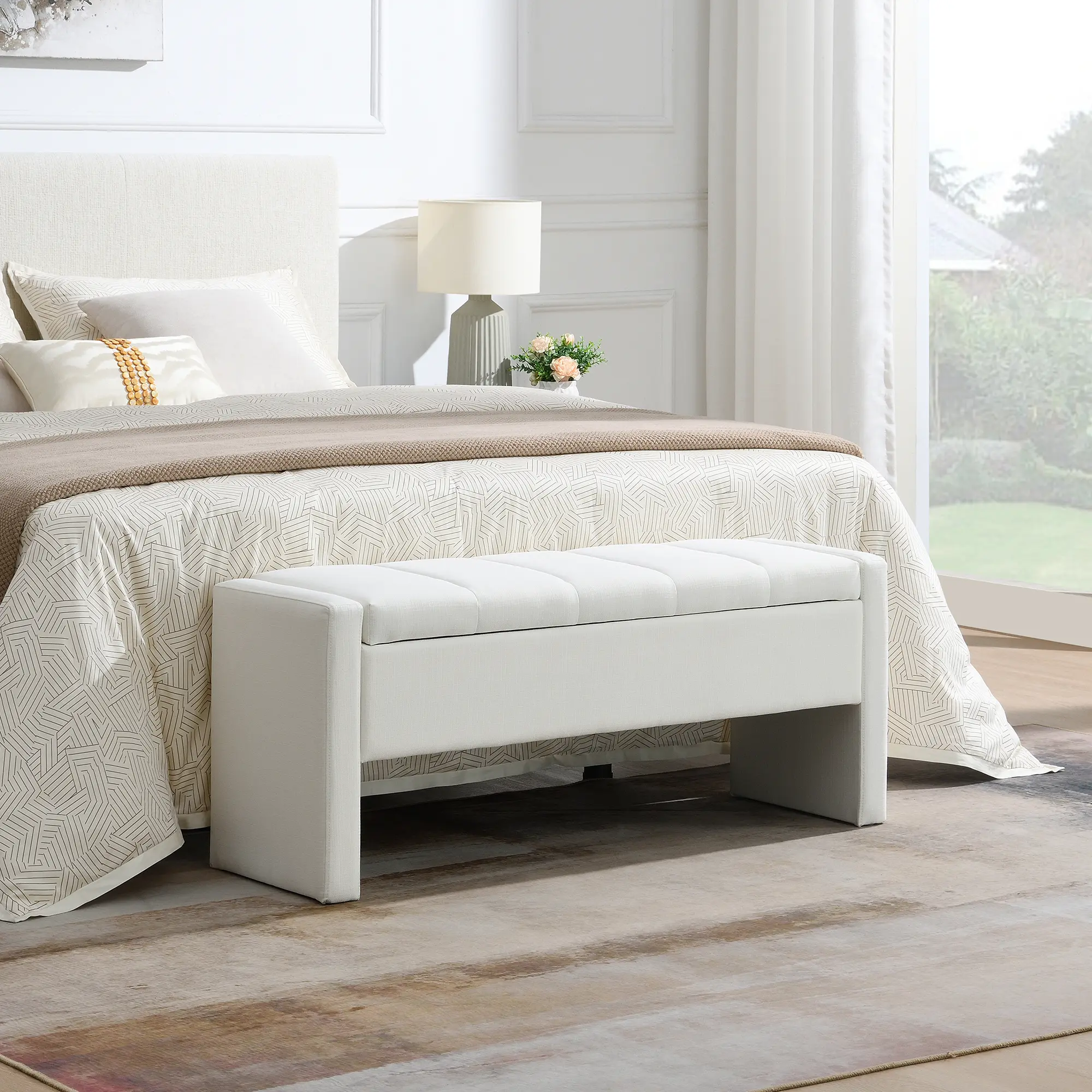 ARCH Linen Beige Upholstered Storage Bench Ottoman, Modern Bed End Bench with Hidden Storage, Large Foot Rest Stool, Comfy Window Vanity Bench for Living Room, Bedroom, Dorm, Entryway, Coffee Table Alternative, 43.3"L x 15.7"W x 18.9"H