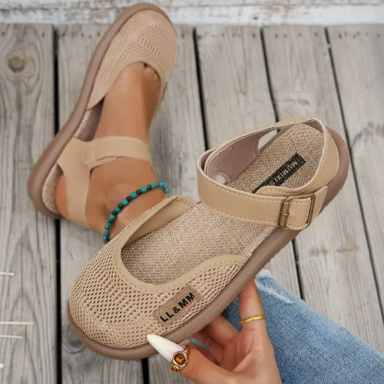 Women's Cute Mesh Closed-Toe Slingback wedge Sandals - Rubber, Adjustable Buckle, Lightweight Flats, Cartoon Figure Accents, All Seasons Casual Walking Shoes for Wide & Plump Feet