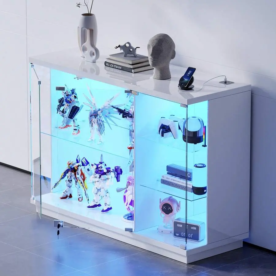 Lvifur Glass Display Cabinet With Lock & LEDLight, High Gloss Sideboard With Human BodySensor & Glass Shelves For Toys, Books,Collectibles, Liquor, Bookcase For Living Room,Kitchen, Study, White,chabuildreark,farmhouse,coffee bar ,wooden,storage,organizer