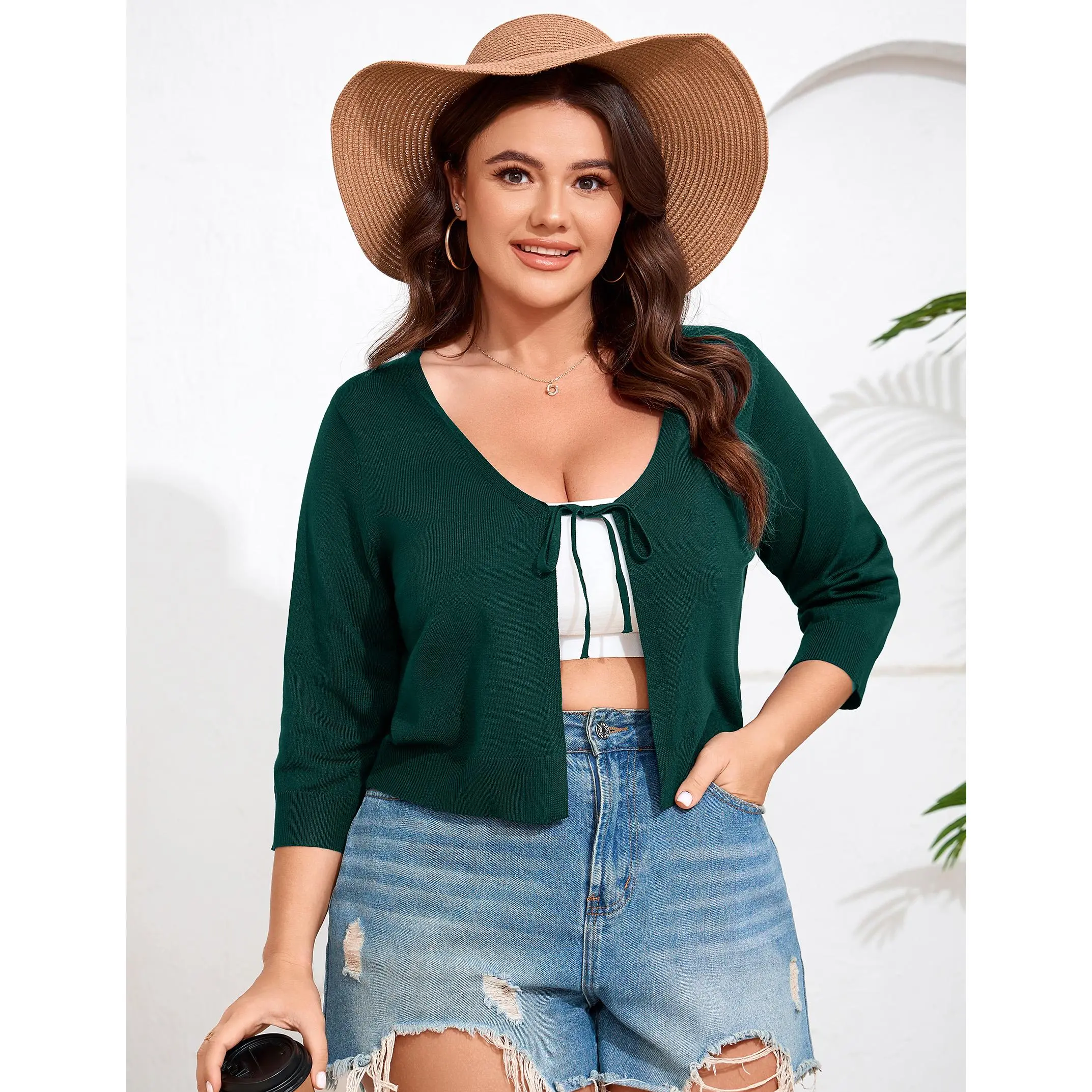 YF Plus Size Cropped Tie Front Knit Cardigan 3/4 Sleeve Thin Lightweight Shrug Curvy Women Loose Layering Cover Up Summer Air Conditioner Beach Sun Protection Short Sweater Jacket