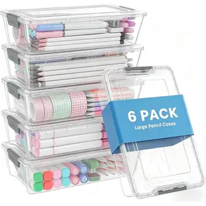 6 Pack Extra Large Pencil Boxes, Plastic Clear Crayon Pen Box, Marker Organizer Craft Storage, Stackable Plastic Containers with Lids, Art Storage Box for School Supplies, Grey