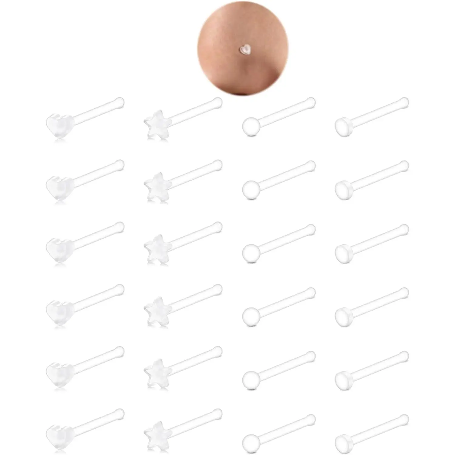 18g Clear Nose Studs Clear Nose Rings for Work Straight Plastic Piercing Retainers for Surgery Sport School Small Tiny Invisible Nostril Piercing Pin Spacers Cover Retainer Star Heart 18 gauge