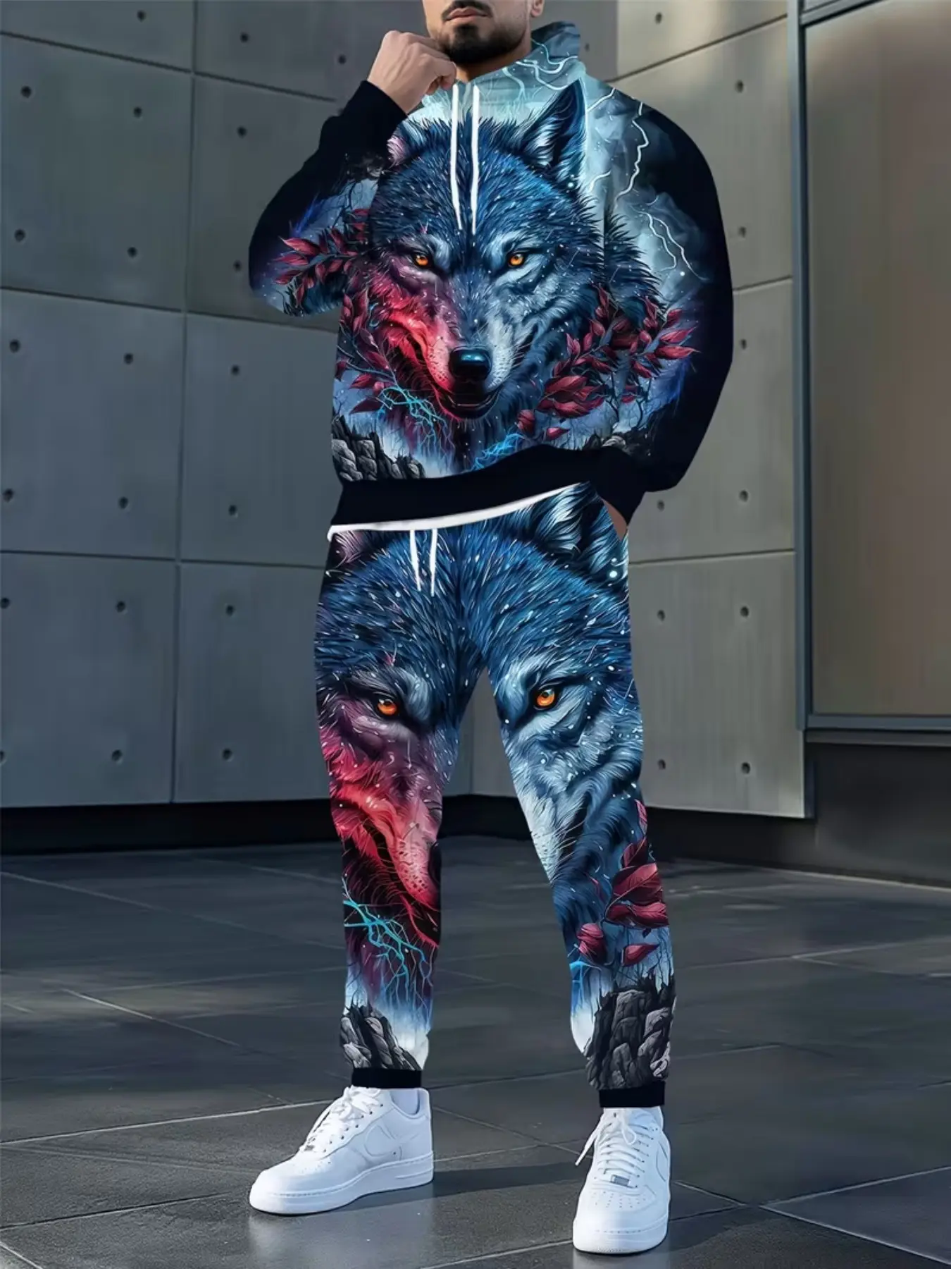 Men's Hoodie Set, Two Piece Set, Geometric Print, Loose-Fitting, Long Sleeve, Ankle-Length Pants, Casual Streetwear, All Seasons, Usa Style