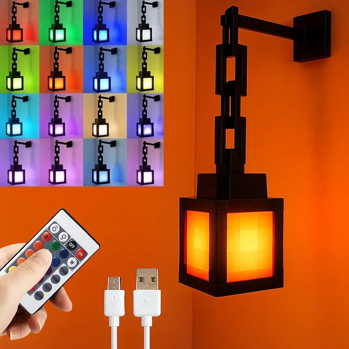 Pixel Lantern Novelty Night Light, 16 Color Changing USB Rechargeable Remote Control, Bedroom Game Room Christmas Party Decor Gift