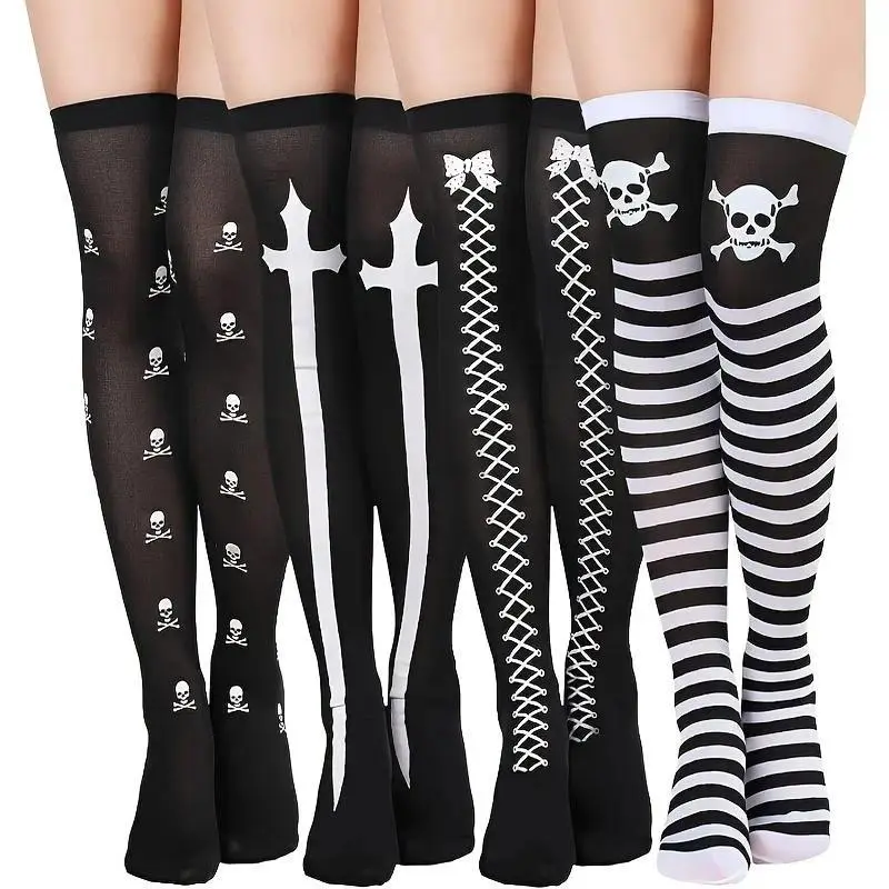 Women's 4-Pair Thigh-High Socks - Striped, Skull Print Gothic Punk Costume Socks for Halloween, Cosplay Wear