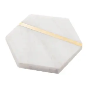 6-Pack 4-Inch Hexagonal Natural Marble Coasters with Brass Inlay and Cork Base, Green or White