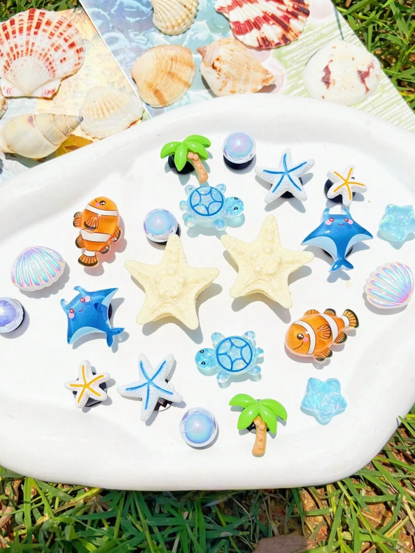 22-Piece Multicolor Ocean Series Shoe Flower Decorations, Shoe Decoration Charms, Decorative Shoe Accessories, Starfish, Clown Fish, Sea Turtle, Shell, Palm Tree, DIY Sandal Accessories, Perfect Gift