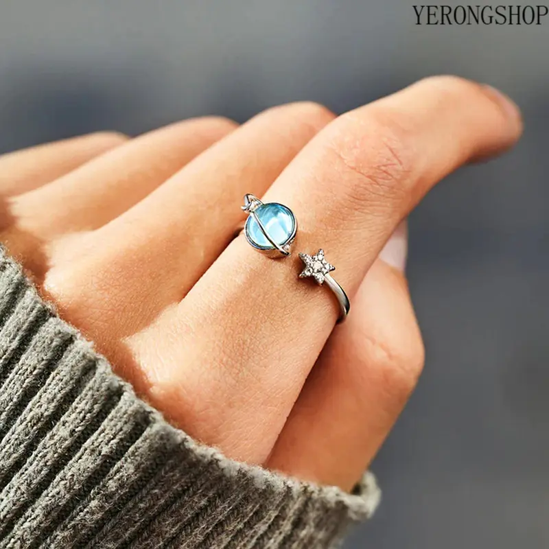 Rotatable Open Adjustable Ring for Women, Spinning Planet Star Cubic Zirconia Finger Ring, Blue Crystal Space‑Inspired Fidget Ring, Delicate Stackable Fashion Jewelry Gift for Girls