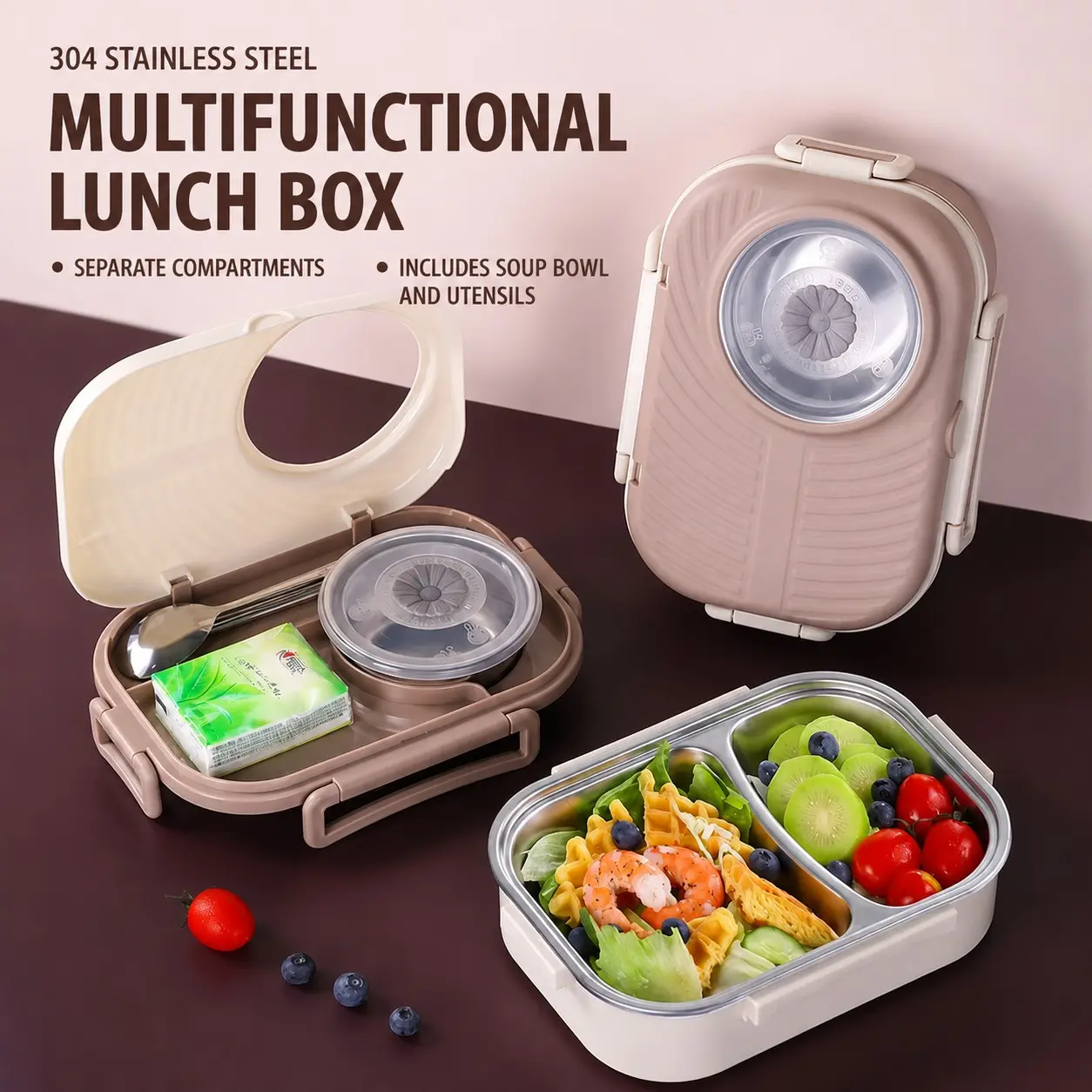 304 Stainless Steel Insulated Lunch Box, 2/3 Compartments, Includes Soup Bowl, Spoon, Chopsticks, Leak-Proof, Ideal for Students and Adults, Bento Lunch Box, Insulated Lunchbox