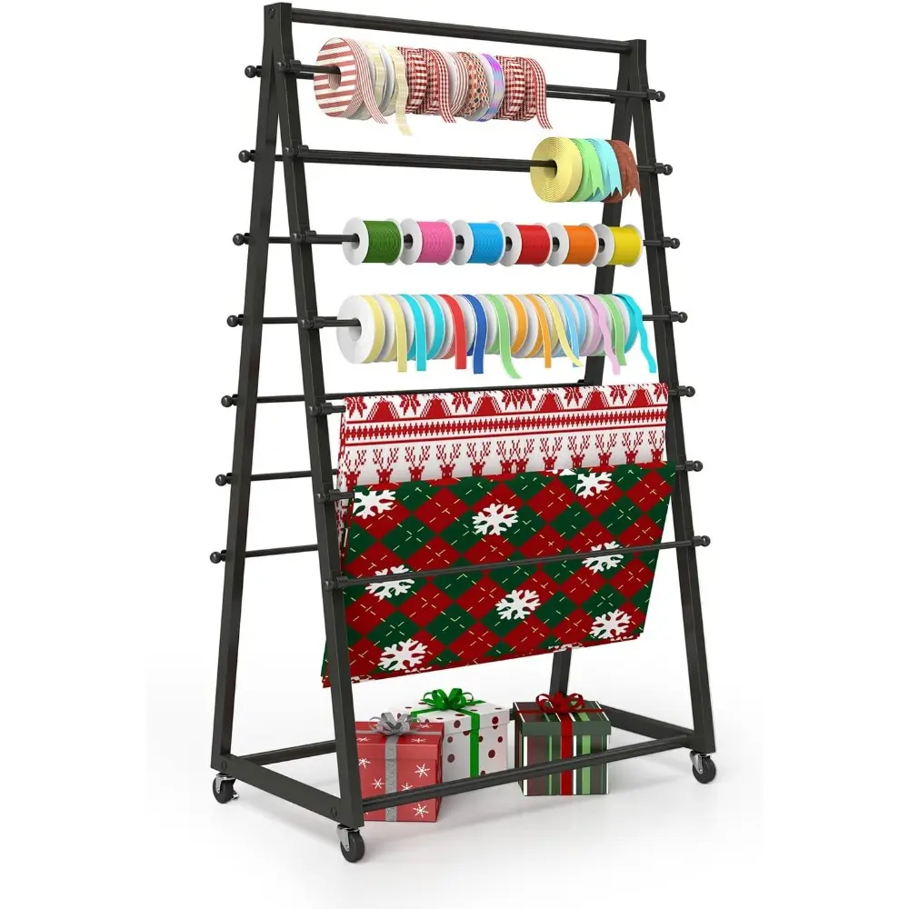Rolling Ribbon Organizer, 15 Tier Ribbon Holder, Ribbon Storage Shelf, Gift Wrapping Craft Ribbon Storage Organizer, Ribbon Holder Organizer Rack for Flower Shop Retail Shop Craft Room Cake Shop Black