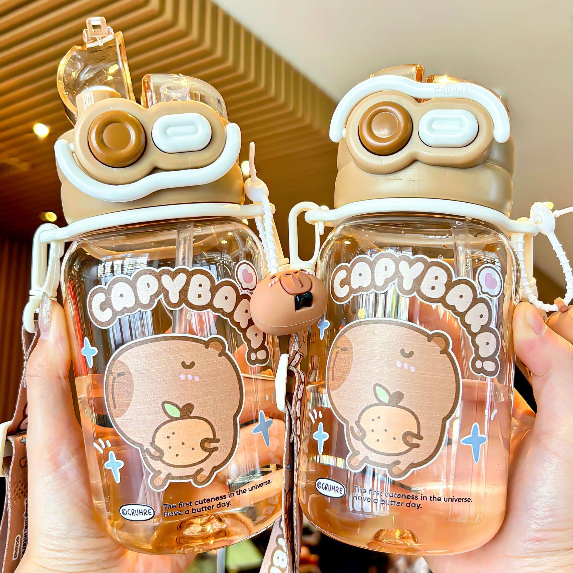 Capybara Cute Summer Kids Plastic Water Bottle for Students Girls kapibara Plastic Cup Portable Strap Children's Cup with Straw