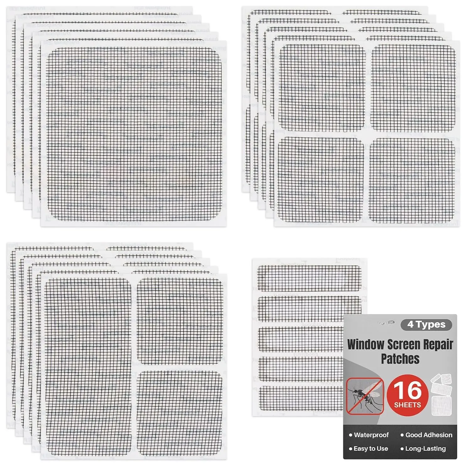 16Sheets Window Screen Repair Kit - Black Self-Adhesive Screen Patch Repair Kit, 4 Sizes Patches Mesh Tape for Mesh Screens Door, Window Drain Holes,  Adhesion Easy to Use