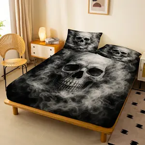 3-piece bed sheet set, featuring a terrifying skull pattern surrounded by smoke (1 bed sheet + 2 pillowcases, excluding inserts), soft and comfortable fabric, 360 ° Fully encased, non-slip mattress protector. Suitable for bedroom, single or individual Kin