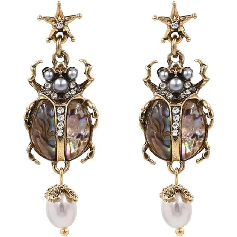 Women's Beetle Cubic Zirconia Drop Earrings, 20mm Lightweight Polished Alloy Earrings with Curved Edges, Modern Cute Fashion Costume Jewelry