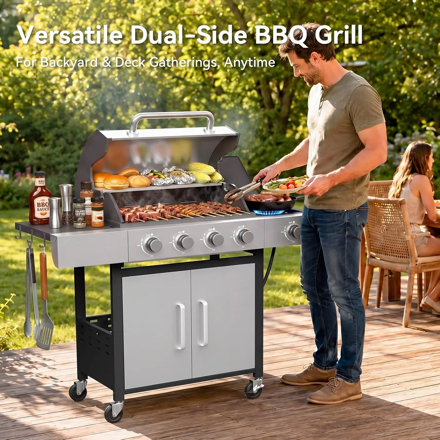 Aoxun 4-Burner Propane Gas Grill with Side Burner, 49000 BTU Stainless Steel Outdoor Grill, Cast Iron Cooking Grates, Side Shelves for Patio, Backyard BBQ, Camping, Black & Silvery