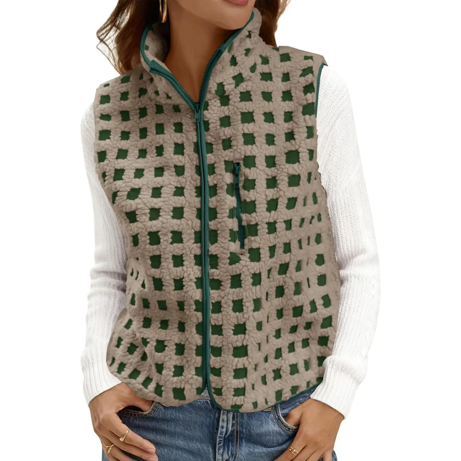 Tankaneo Womens Checkered Sherpa Vest Fleece Fuzzy Zip Up Sleeveless Jacket Casual 2026 Winter Warm Outwear