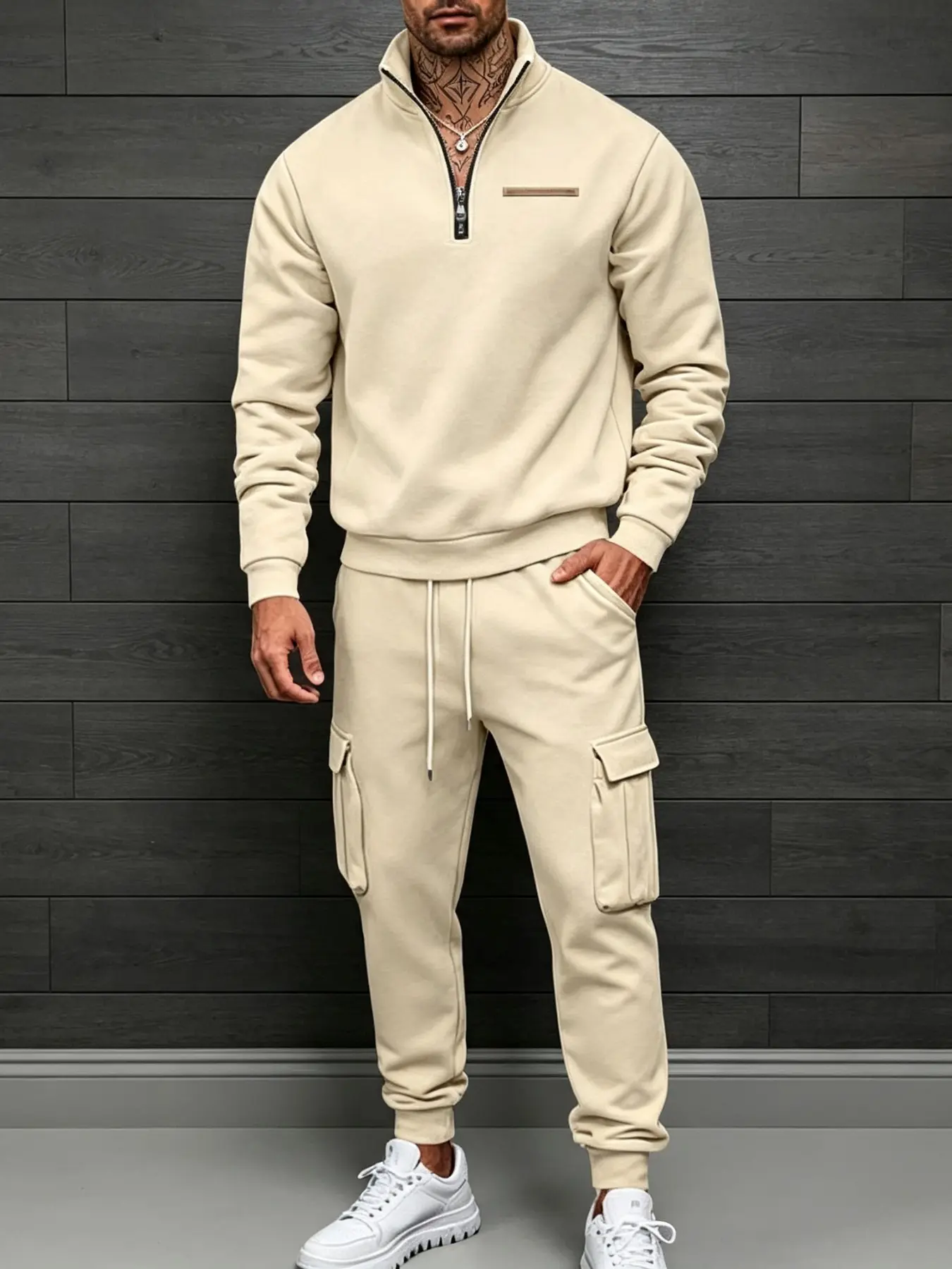 Men's Winter Fleece Cargo Tracksuit 2‑Piece Set, Quarter‑Zip Stand Collar Sweatshirt + Multi‑Pocket Cargo Jogger Pants, Elastic Drawstring Waist, Thick Warm Casual Sports Outfit for Outdoor Daily Wear, 8 Colors Plus Sizes S‑3XL