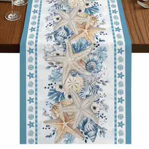 Nautical Starfish Table Runner, Summer Coastal Shells and Coral Leaves Cotton Table Runner, Dressing Table Scarf, Blue Fabric, Table Scarf, Home Dinner Furniture Set