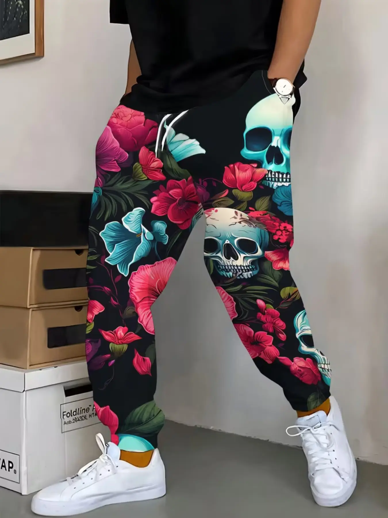 Men's and Women's Street Style Sweatpants, Colorful Skull and Floral Pattern, Casual Fitted Ankle-Length Pants, Drawstring Waist, All Seasons