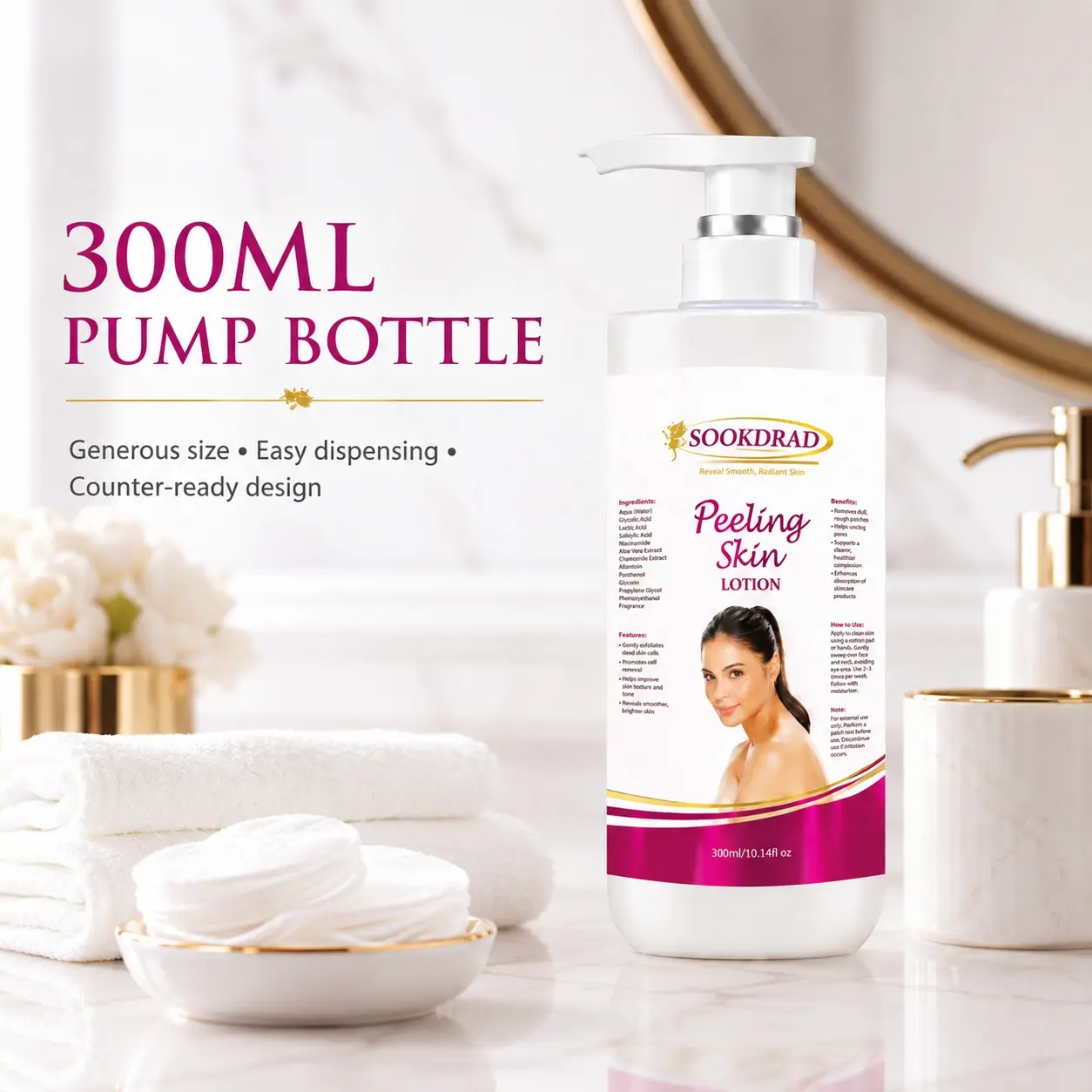 Peeling Skin Lotion, contains Glycolic Acid, Lactic Acid, Salicylic Acid, Niacinamide, Aloe Vera Extract, Chamomile Extract, exfoliates dead skin cells, improves skin texture, unclogs pores, reveals