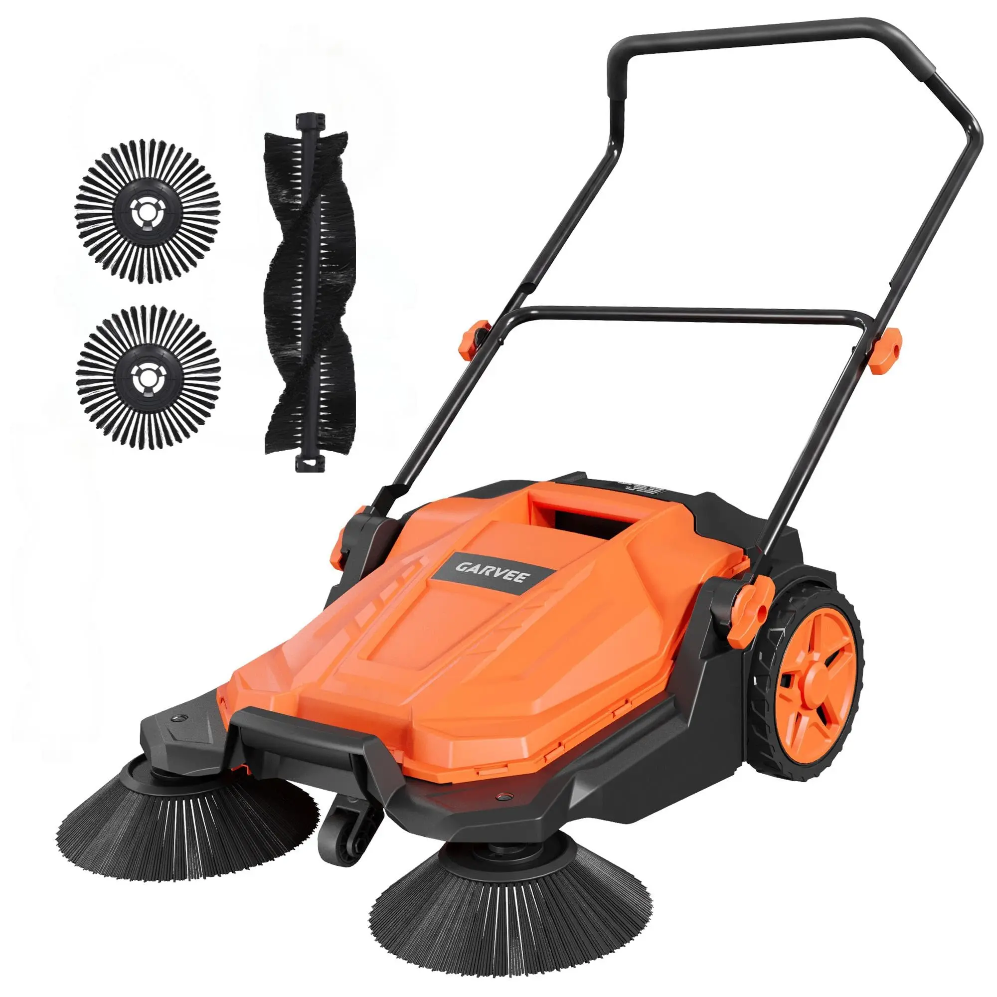 Garvee Manual Walk-Behind Push Floor Sweeper, 25.6" Wide Sweeping Path with 5-Gallon Powder Bin, Adjustable Folding Handle & Sturdy Non-Electric Design, Ideal for Garage, Workshop, Patio, Driveway and Yard