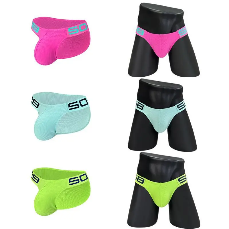1/2/3PCS Threaded Cotton  Men's Brief Underwear Bikini Gay Panties Jockstrap Slip Sexy Man Underpant Low Waist Solid Men