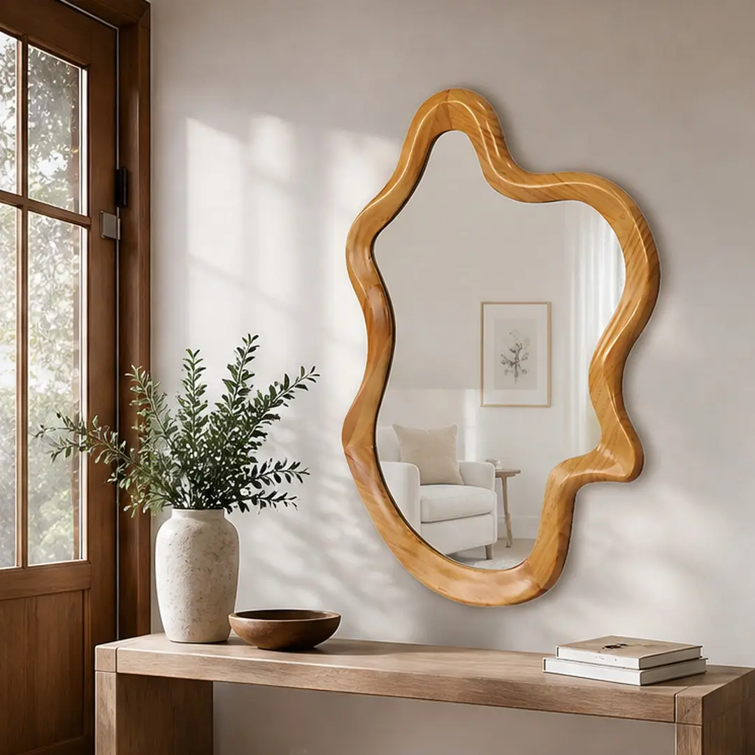Irregular Shaped Wall Mirror with Natural Wood Frame 33.46x22.24 Inch Unique Design Mirror for Bathroom Bedroom Living Room Entryway Decorative Wall Mounted Mirror Clear Reflection Distortion-Free Organic Wood Frame Art Decor
