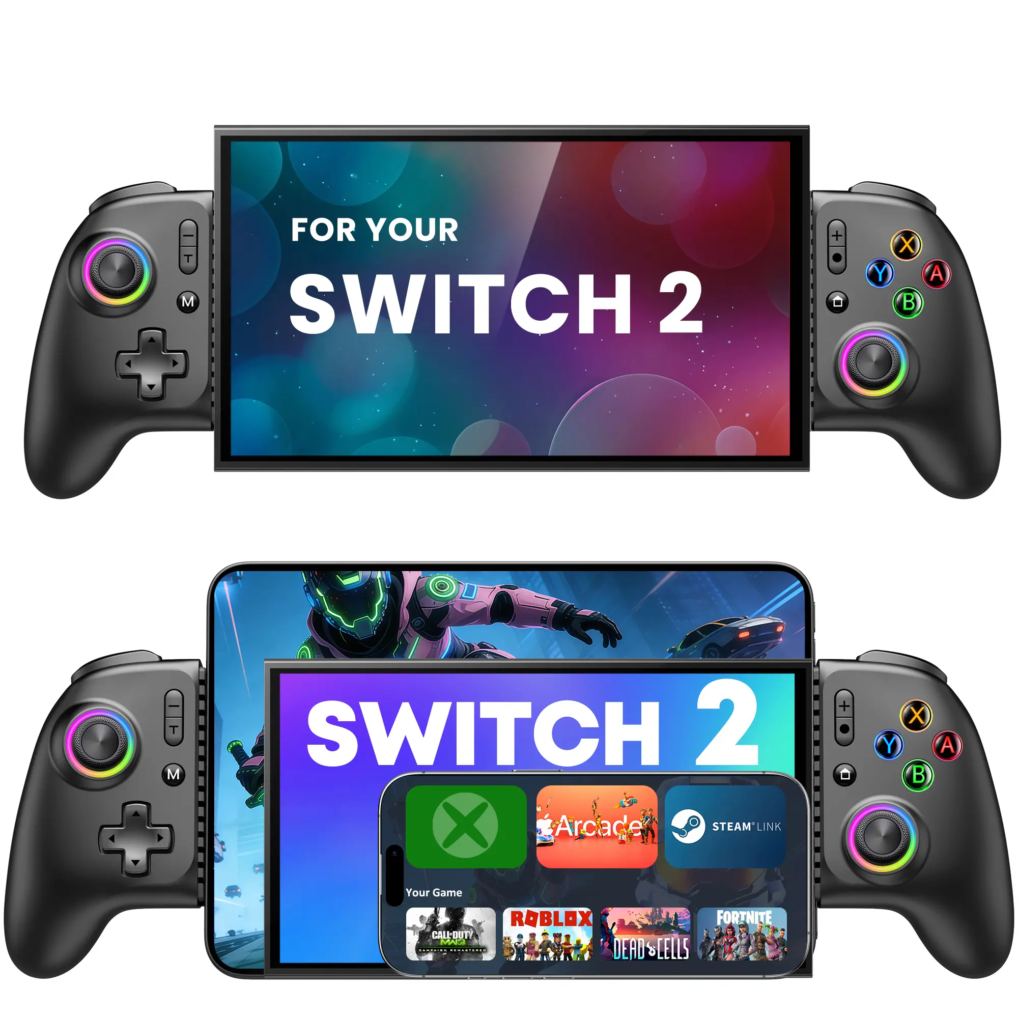 BEBONCOOL Wireless Controller for Switch 2/Switch OLED/Switch & iPhone/Android, Hall Effect Joysticks No Drift, Linear Triggers, Turbo & Macro Back Buttons, Stretchable Clamp for Phone & Tablet, RGB Lighting, 8-10H Battery
