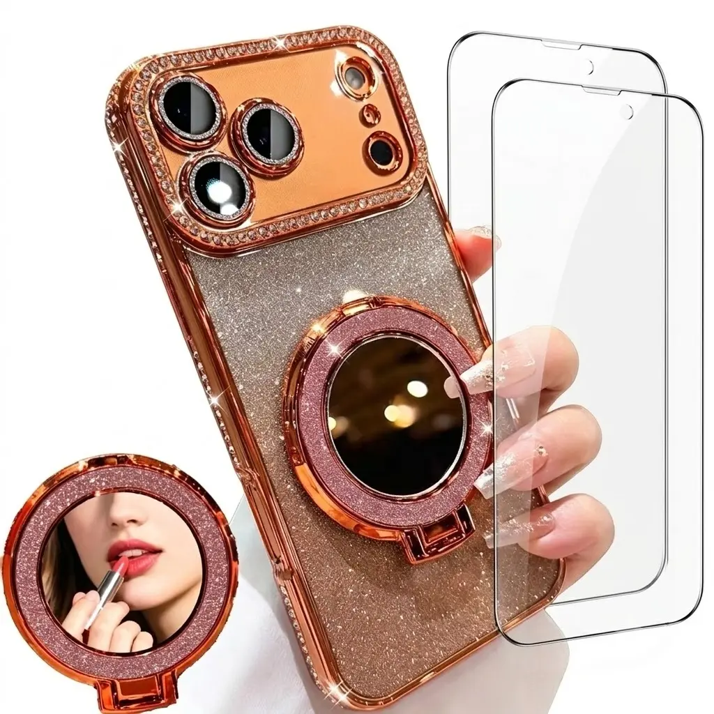3PCS (1 Phone Case + 2 Tempered Glass Screen Protectors) Changjia Magnetic Kickstand Glitter Protective Phone Case With Rhinestone Makeup Mirror & Camera Lens Protection, Cute Stylish Cover For Women Girls for iPhone 17 Pro Max 17 Pro 17 Air 17