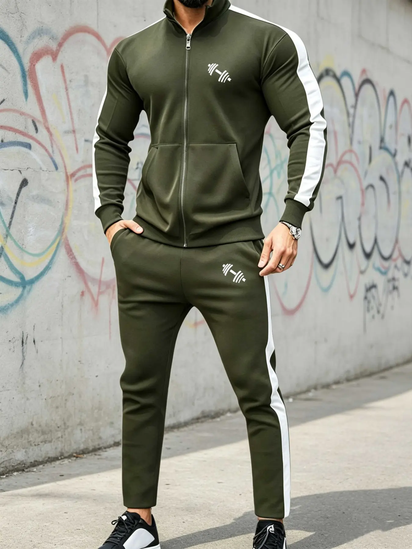 Men's Dumbbell Pattern Sport Set, Fall Winter Loose-Fit Long Sleeve Suit, Trendy Fitness Casual, Ideal for Daily Wear & Father's Day Gift