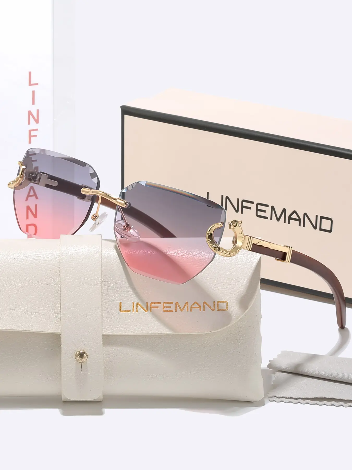 Women's Uv400 Sunglasses Frameless Gradient Design, Leopard Head Metal Decoration, Imitated Wood Texture Legs, Fashionable Sun Protection Glasses, UV Blocking Sunglasses, Sun Protective Sunglasses, Summer Sunglasses