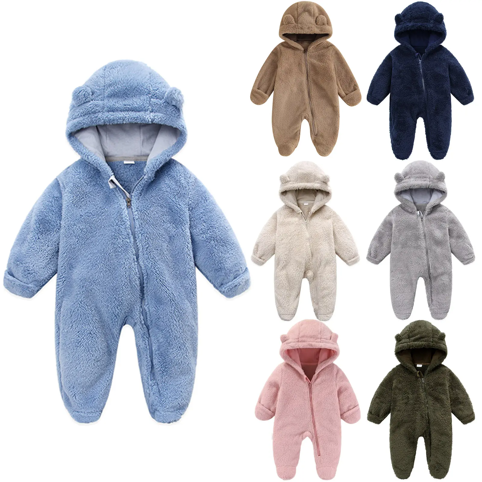 Newborn Baby Boys Girls Winter Jumpsuit Cute Bear Snowsuit Fleece Long Sleeve Footed Hooded Zipper Romper Winter Coat Outwear Warm Outfits 0-12 Months