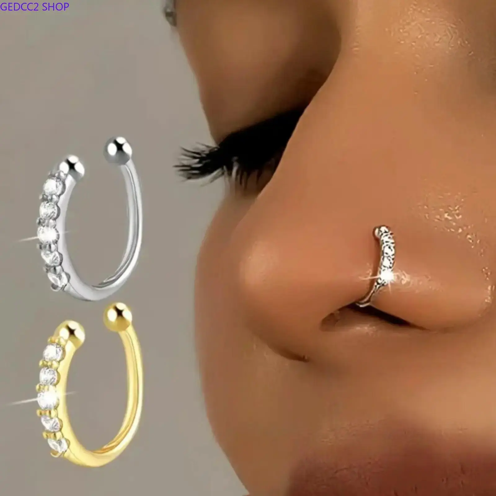 Silver Plated Rhinestone Body Jewelry Accessory Set - Multiple Piercing Jewelry Including Nose Piercing Rings, Lip Rings, Ear Cuffs for Men Women Camping & Hiking Daily Wear, Gems Nose Ring, Nose Piercings
