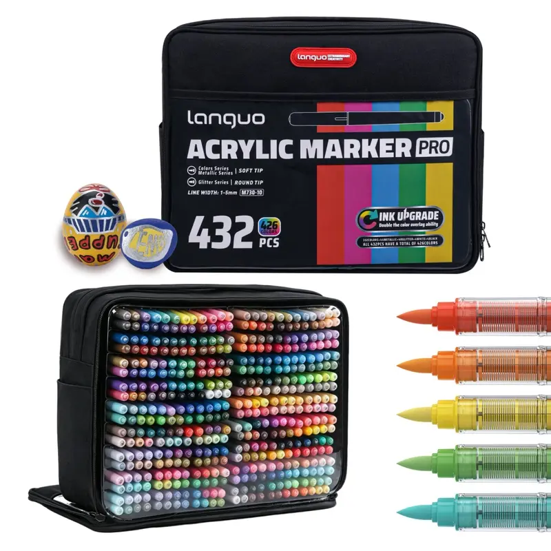 Languo 288/432 Colors Acrylic Markers Pro Set,Ink Upgrade Color overlay ability,Intelligent ink system,Soft Tip 1-5mm,for painting on a wide range of materials For Glass, Ceramics, Plastics, Wood, Stone, Fabric,Black paper, etc, Art Painting Supplies