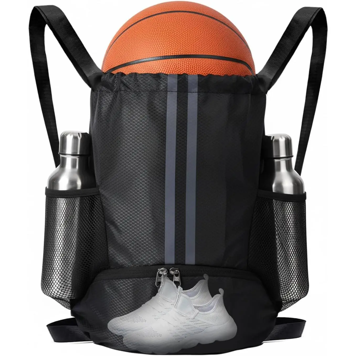 Drawstring Backpack with Shoes Compartment, String Gym Bag with Wet Proof Pocket for Basketball, Soccer, Swim, Black  Bag for Men and Women