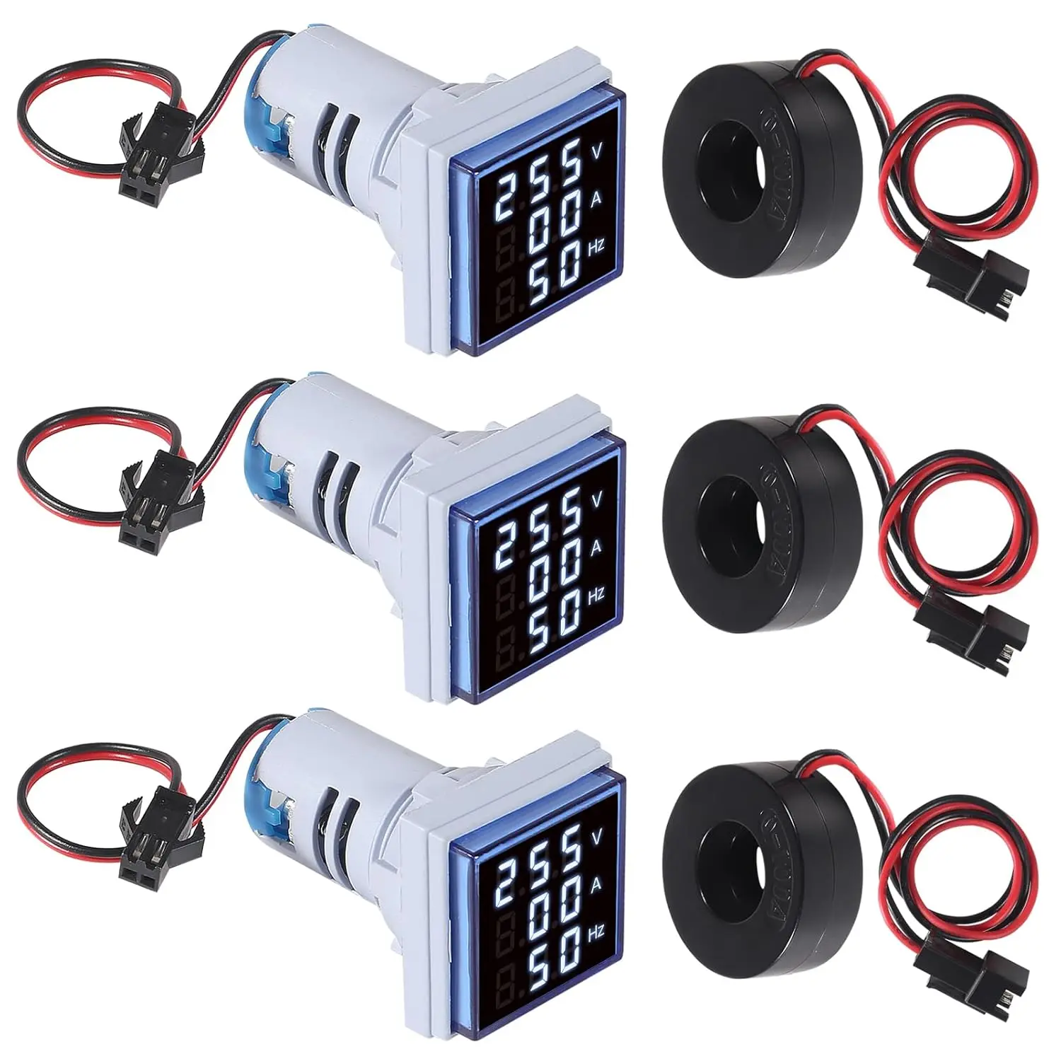 3pcs 3 in 1 60-500V 0-100A AC Digital Ammeter Voltmeter, 22mm Square Digital Tube Screen with Transformer, LED Display Voltage Detector Current Tester Gauge(Blue)