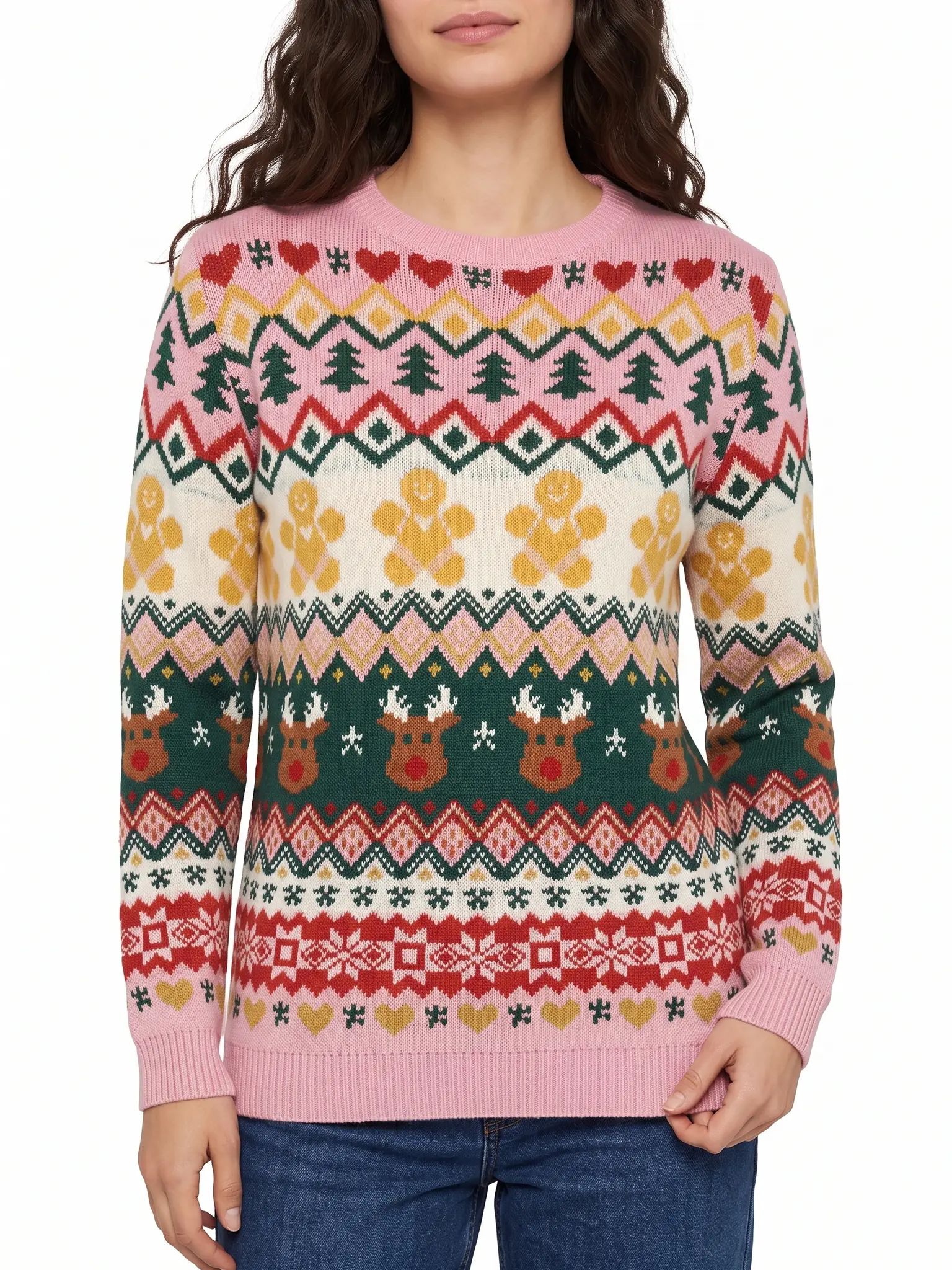 Women's Festive Sweater with Repeating Christmas Motifs for Christmas Parties and Winter Celebrations