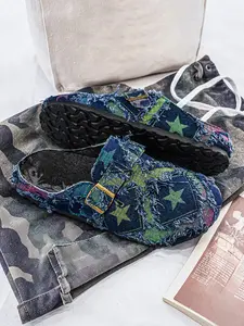 Men’s Star Print Fringe Denim Clogs, Adjustable Buckle Closed Toe Backless Mules, Plus Size up to US13/EU47, Non Slip Cork Sole Casual Slip On Slippers for Street Daily Outdoor Wear