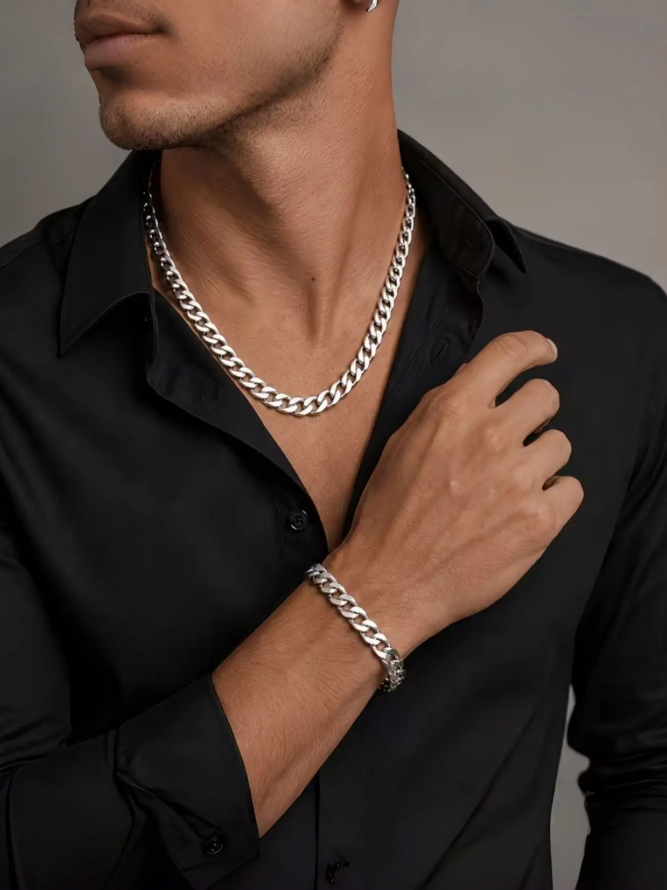 2pcs Stainless Steel Cuban Chain Set Combination - Necklace Bracelet Combination Suitable for Everyone Anyone Can Easily Handle It It Is an Impeccable Perfect Jewelry Set for Daily Outings