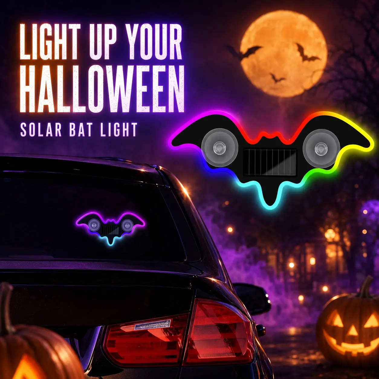 Bat-Shaped Solar Powered LED Ambiance Light, Dynamic Gradient RGB Lighting for Car Interiors, Decorative Accent for Vehicle Dashboards, Car Ambient Lighting