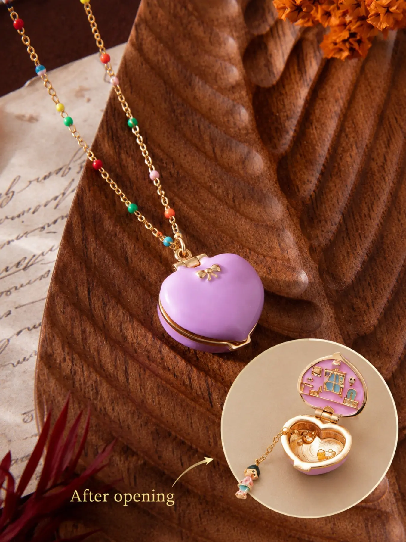 1pc Enchanted Pink Heart Locket Necklace for Women, 18K Gold Plated Love Box Pendant with Hidden Princess & Bunny Scene, Fairy Tale Jewelry, Whimsical Necklace, Colorful Beaded Chain, Vintage Style Necklace for Daily Wear, Date Nights, Gift Giving