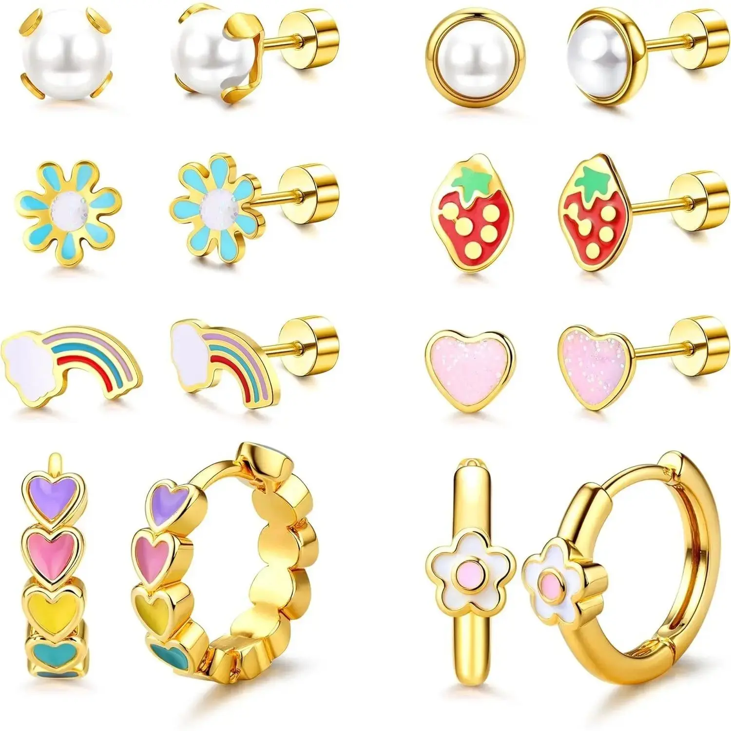 Women's 316 Surgical Steel Hypoallergenic Earrings Set - Cute Small Daisy Hoops, Heart Strawberry Rainbow Pearl Flat Back Ear Studs, Metal Coated for Daily Wear & Summer Vibes (For Sensitive Ears), Flat Back Earrings