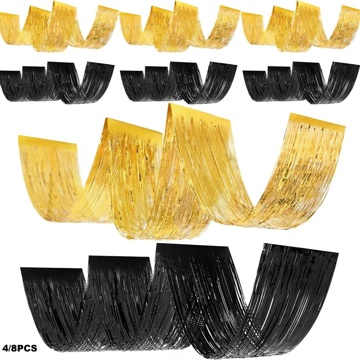4/8 Pcs 15ft Gold Black Metallic Foil Ceiling Fringe Curtains, Graduation Party Decor, Fringe Drapes for Wedding Birthday Bachelorette Bridal Shower, Photo Backdrop for Class